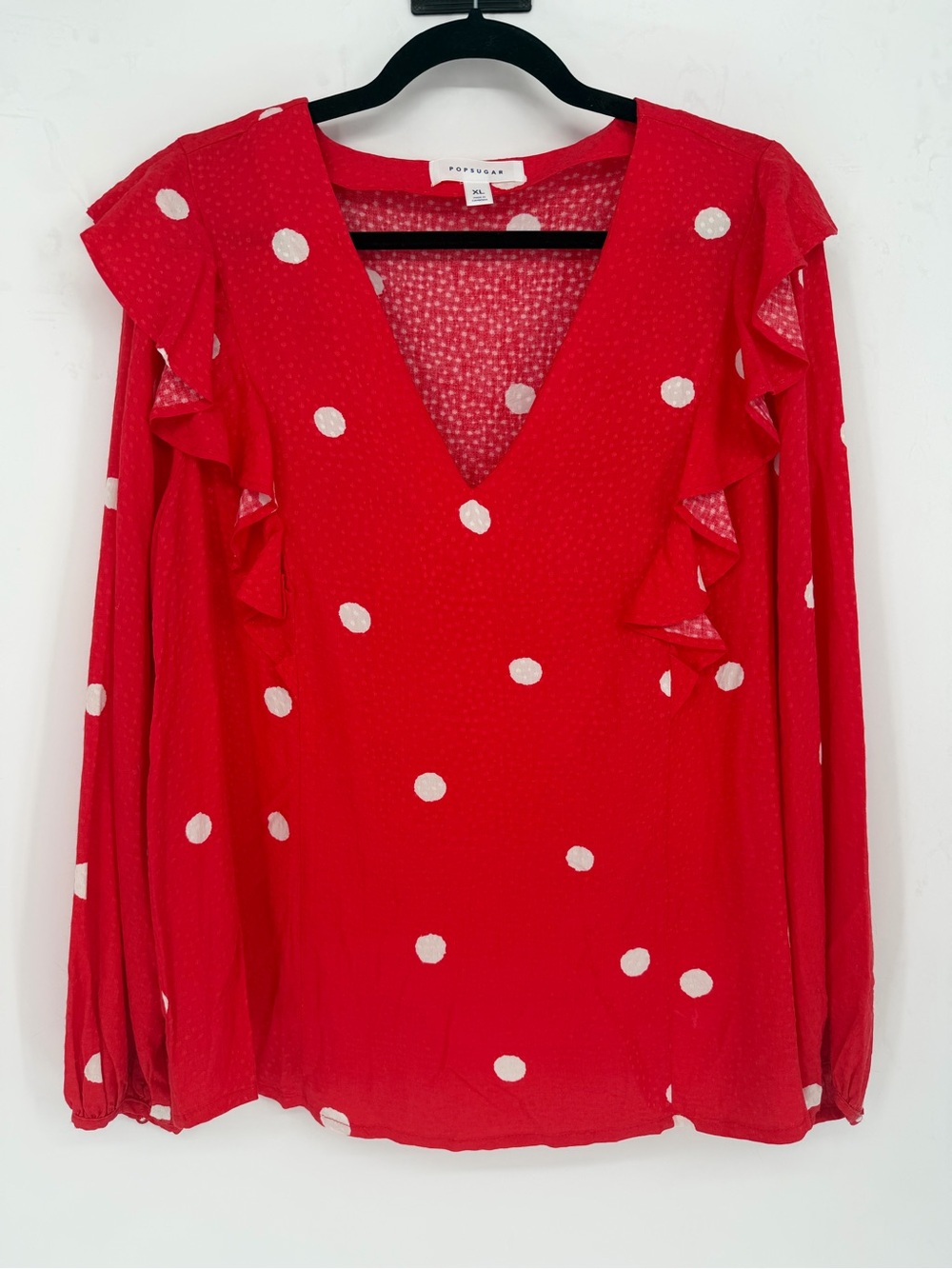 POPSUGAR Red & White Polka Dot Ruffled Long Sleeve V-Neck Blouse